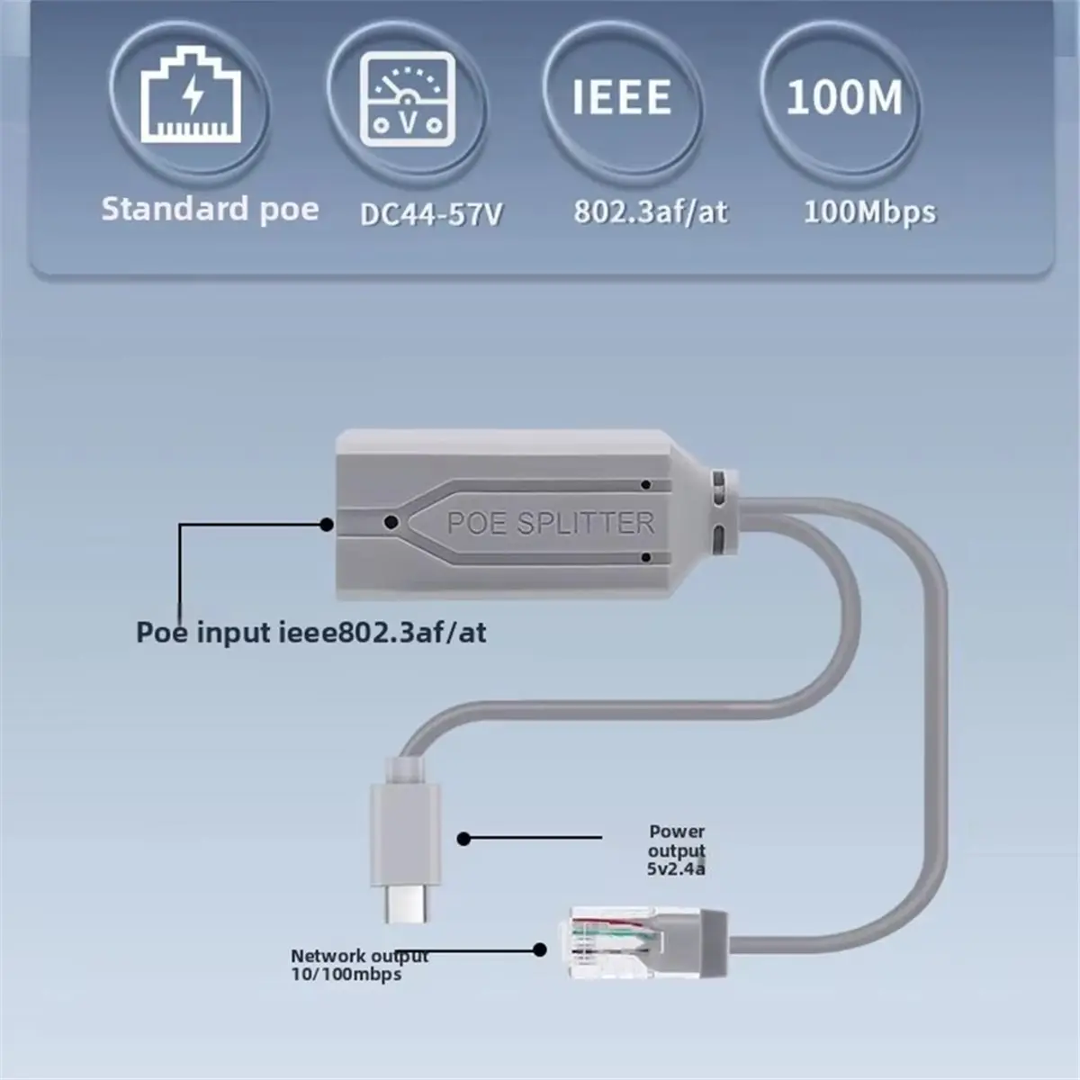 New 100Mbps 48V to 5V POE Splitter Standard Isolated Type-C USB Power Supply Module POE Splitter