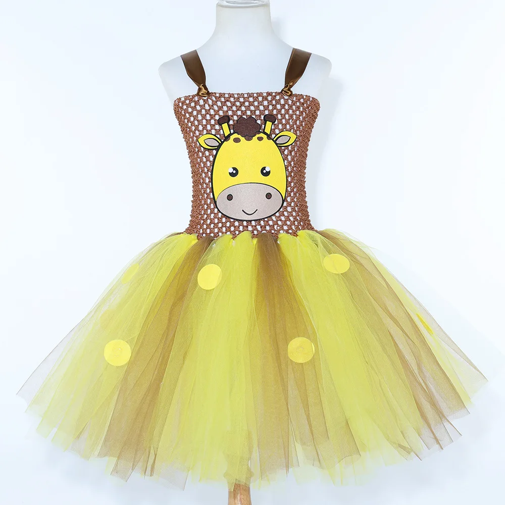 Animal Theme Cute Giraffe Printed Fluffy Tulle Puffy Skirt With Ears Headband Tail Bowtie Jungle Carnival Halloween Party Outfit