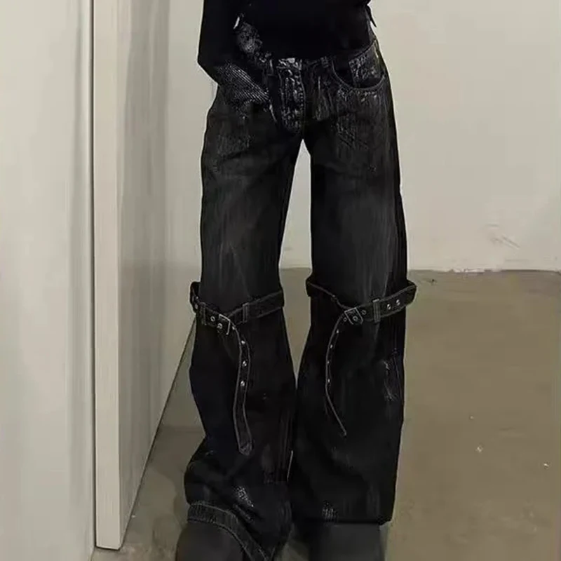 

American Retro Black Laced Jeans Gothic Street Deconstructed Straight Denim Pants Pocket Harajuku Y2K Casual Hiphop Trousers