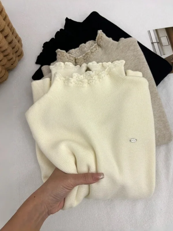 เสื้อสเวตเตอร์ถักลูกไม้สวยงามสำหรับผู้หญิง แฟชั่นฤดูใบไม้ร่วงฤดูหนาว ใส่ซ้อนเลเยอร์ได้ คอสูง เนื้อผ้านุ่มสบาย เหมาะสำหรับเป็นเสื้อตัวใน