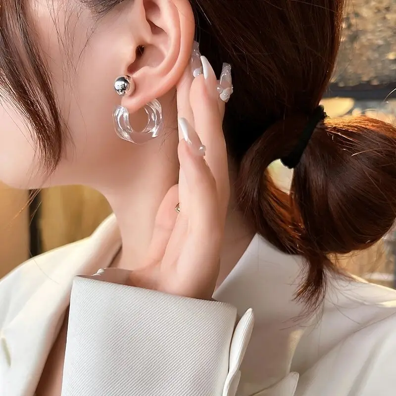 Trendy Acrylic C Shape Earrings for Women Metal Bean Double Layer Drop Earrings Party Unique Design Geometry Jewelry White Blue