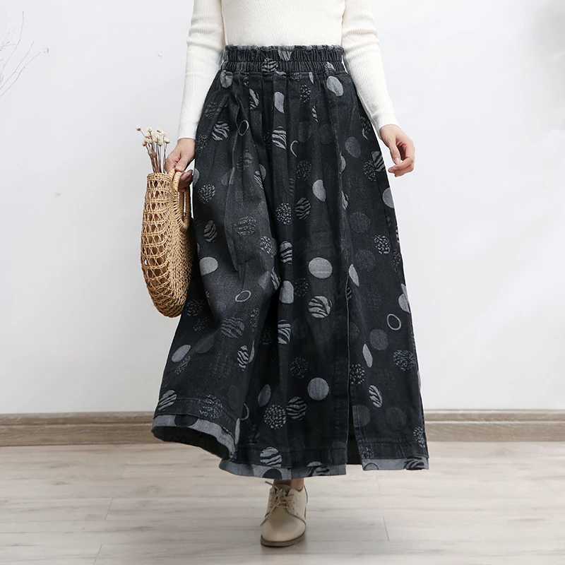 

TIYIHAILEY-Black Long Maxi A-line Skirt for Women, Elastic Waist Denim Jeans, Vintage Dot, Thick, New, Winter, Autumn, 2022