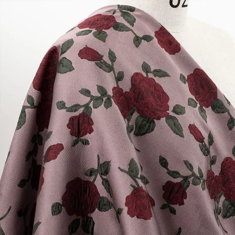 Dark red retro oil painting rose jacquard fabric rose brocade three-dimensional windbreaker clothing handmade DIY sewing fabric