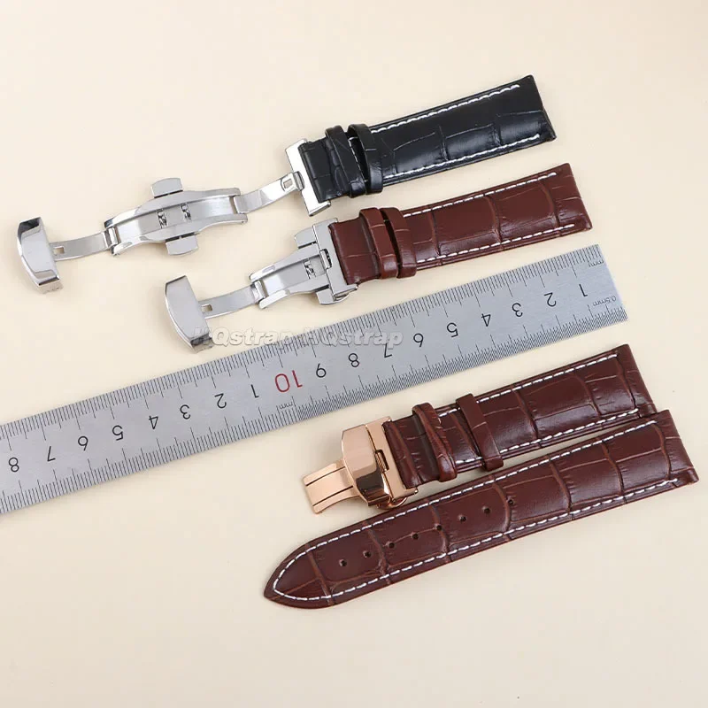 حزام من الجلد الطبيعي 18 مللي متر 20 مللي متر 22 مللي متر 24 مللي متر حزام الساعات مقاوم للماء مع صندوق فراشة مشبك Breacelet لسوار المعصم العالمي Seiko