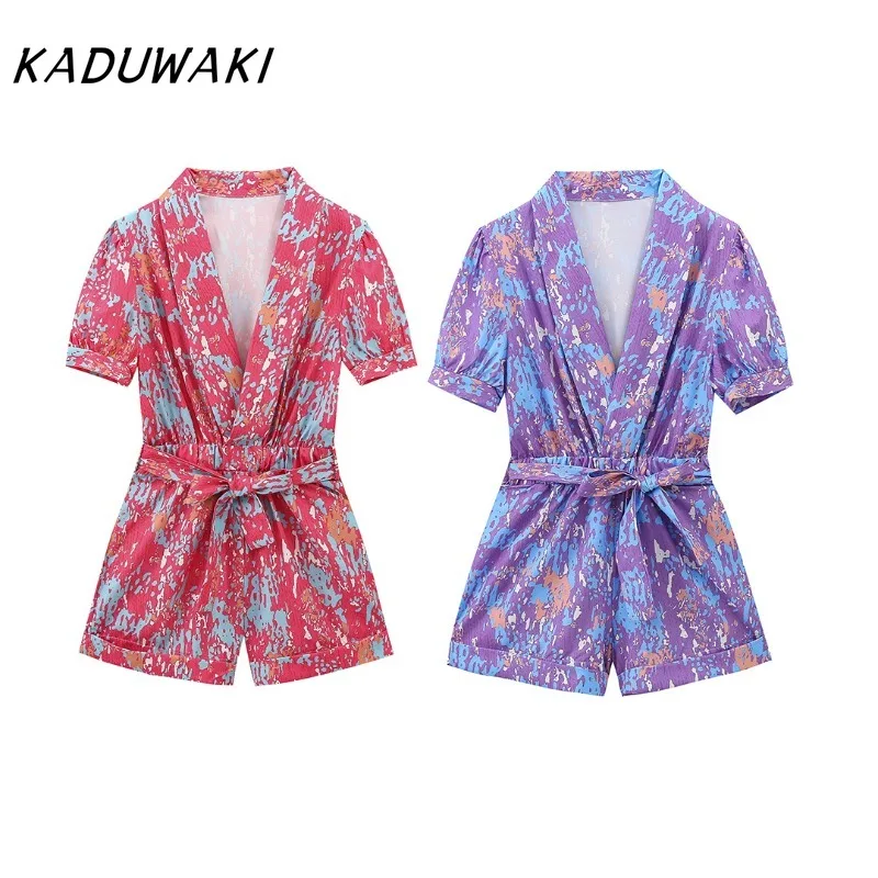 

KADUWAKI Retro V-neck Short-sleeve Lace-up Waisted Printed Suit-style Jumpsuit Rompers العاب جنسيه للرجال مكوه Jumpsuits Women