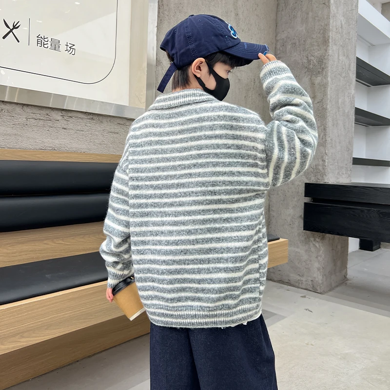 New Autumn Children Fashion Striped Knitted Sweater with Half Zipper for Tween Boy Elegant Casual Pullover Knitwear Age 4 to 14Y