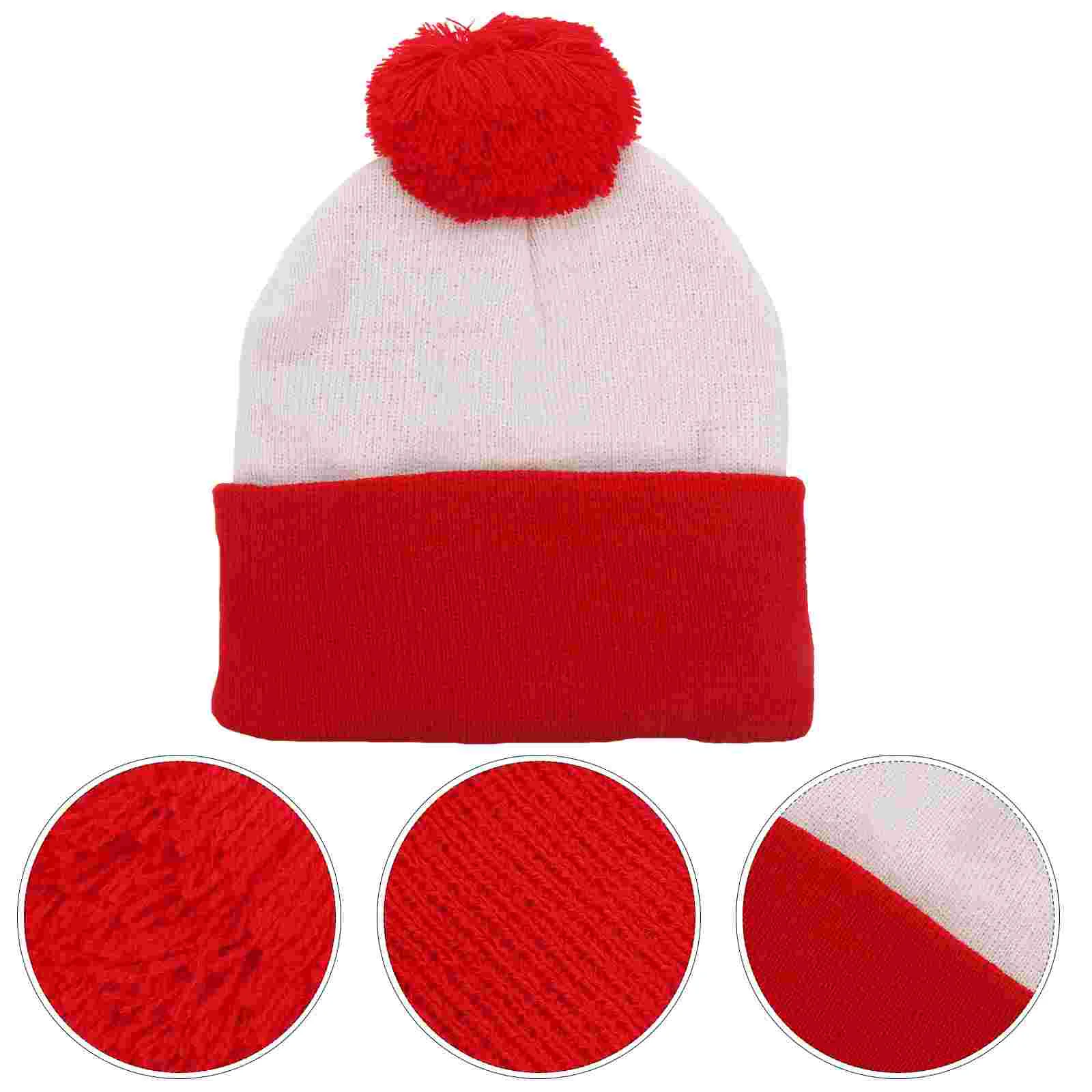 

Knitted Hat Beanie Cap Wool Kids Warm Christmas Color Match Hairball Red White 2-tone