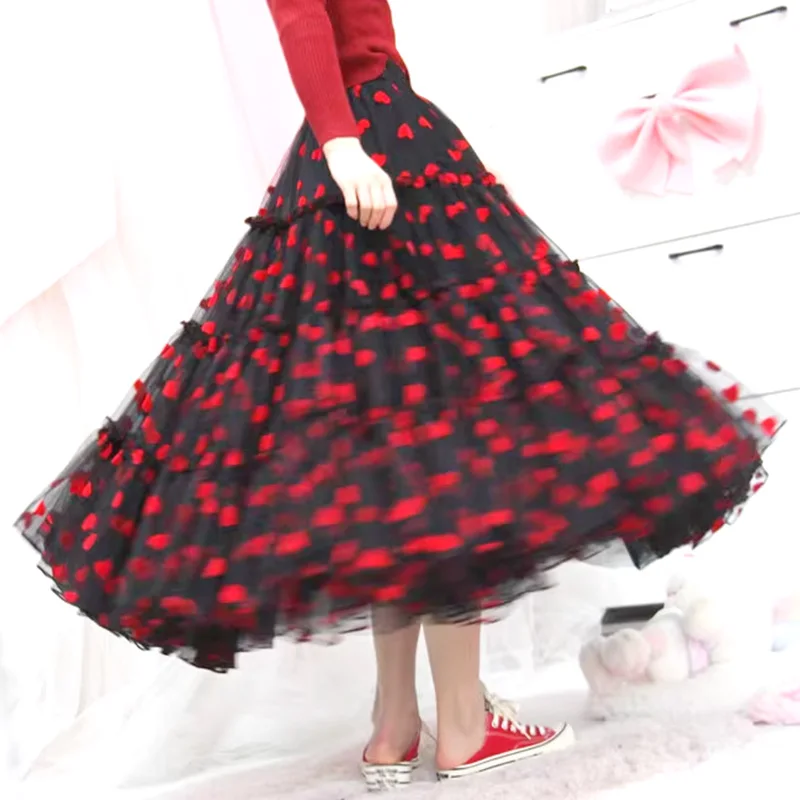 2024 Female Early Spring New Plus Size Love Wave Dot Pattern Spliced Long Maxi Skirt For Womens Pleated Cake Fluffy mesh skirts