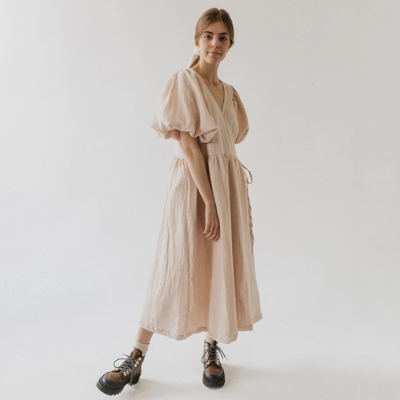 

Women's Summer New ArrivalsVCollared Short Sleeve Tie Dress French Commuter Solid Color Long Dress Wholesale