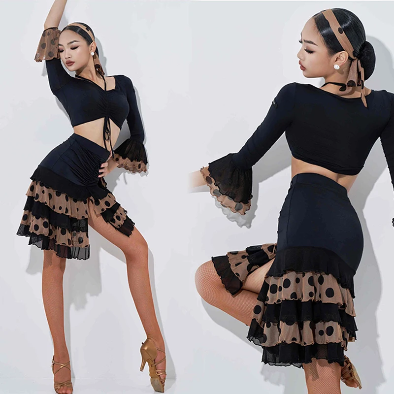 

2024 Latin Dance Competition Clothing For Women New Drawstring Top Split Skirts Suit Samba Chacha Tango Adult Latin Dance Dress