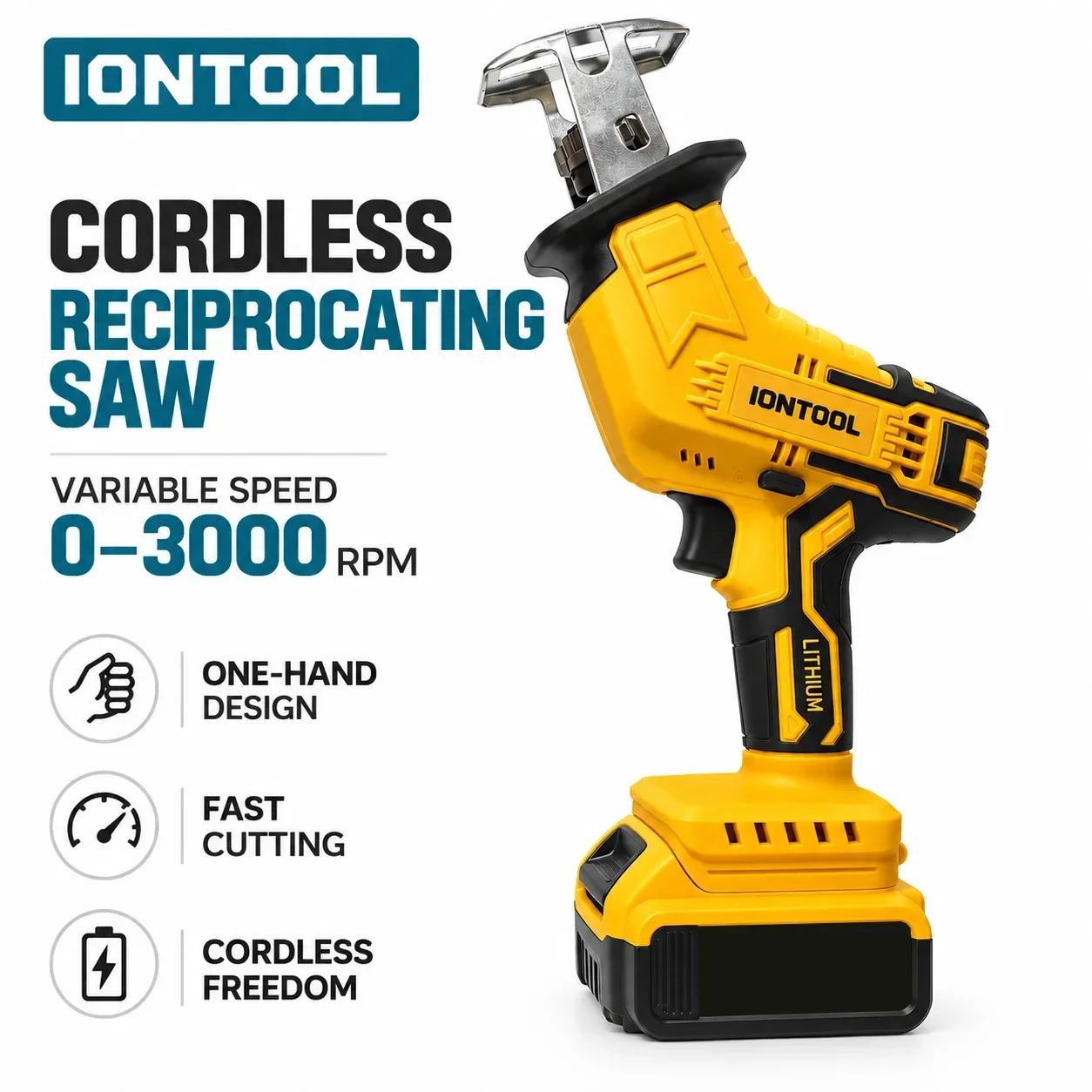 IONTOOL Yellow Cordless Saber Saw For Garden Branch Trimming and PVC Pipe Cutting and Wooden Pallet Dismantling and Recycling