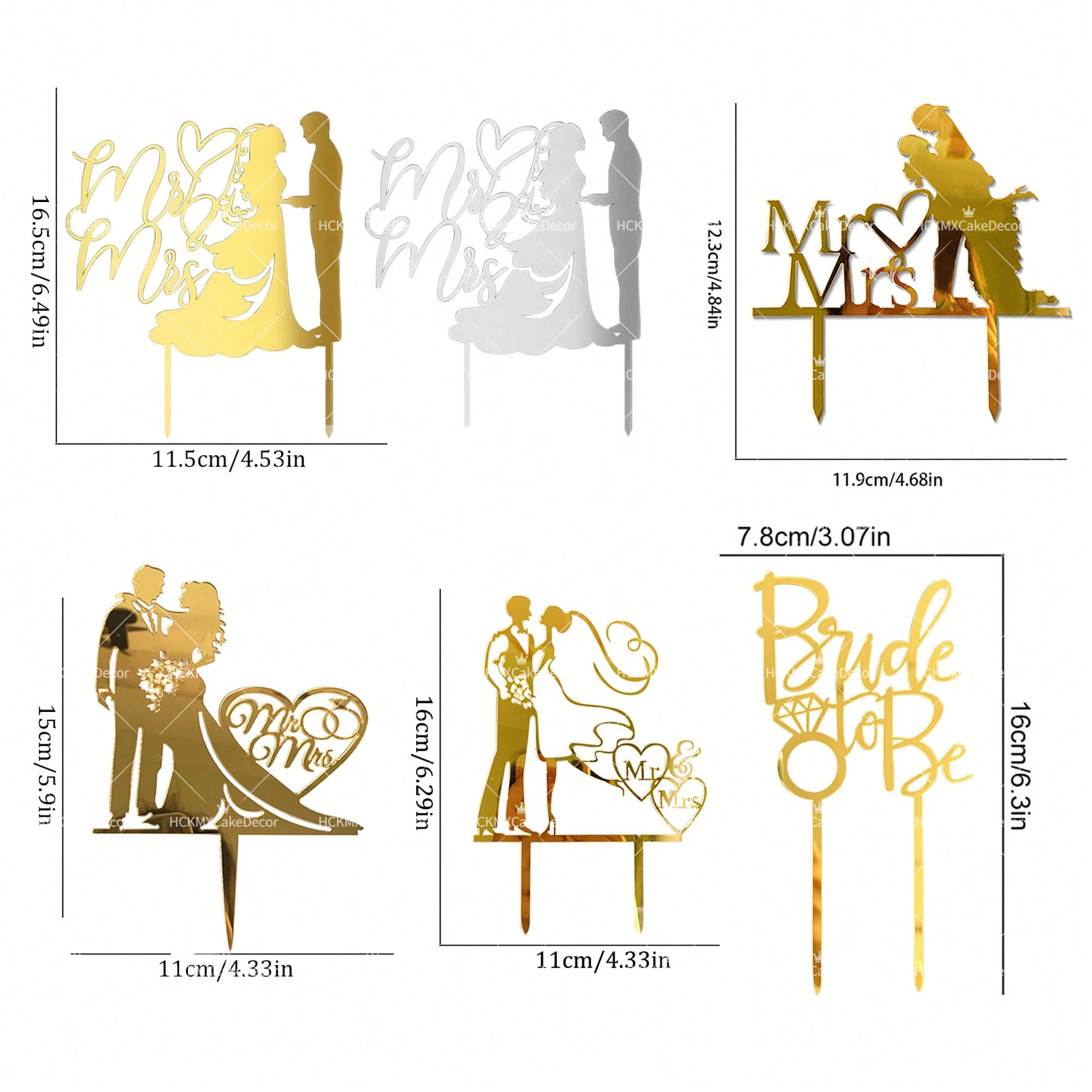 3er/6er-Set Mr & Mrs Hochzeitstorten-Topper aus Gold-Acryl, Braut-und-Bräutigam-Silhouetten, Tortendekoration für Hochzeit, Jubiläum und Partyzubehör – Detail 9
