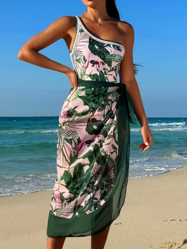 One Piece Swimsuit Women 2026 New Print Bodysuit Sexy One Shoulder Swimwear Summer Two Piece Set Beachwear Bathing Suit Female