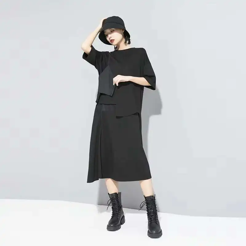Ladies Short Sleeve Summer Fashion Brand Loose Irregular Fake Two Needle Vest Casual Large Short Sleeve T - Shirt
