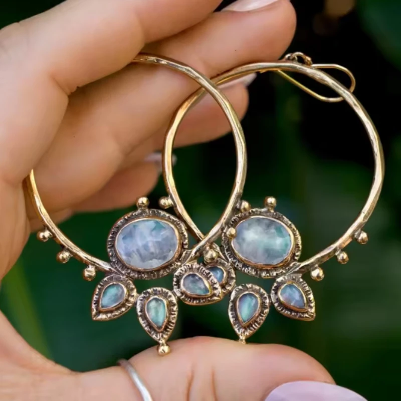 2 Pieces/set of Retro Circle Droplet Shaped Pendant Earrings, Women's Personalized Ethnic Style Holiday Accessories Gift