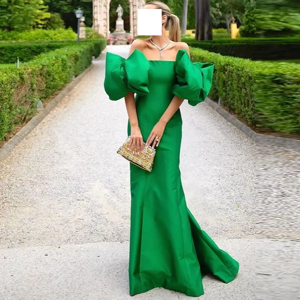 

Customized Mermaid Green Satin Detachable Puff Sleeves Evening Dresses Modern and Classic Boat Neck Zipper Back Vestido De Festa