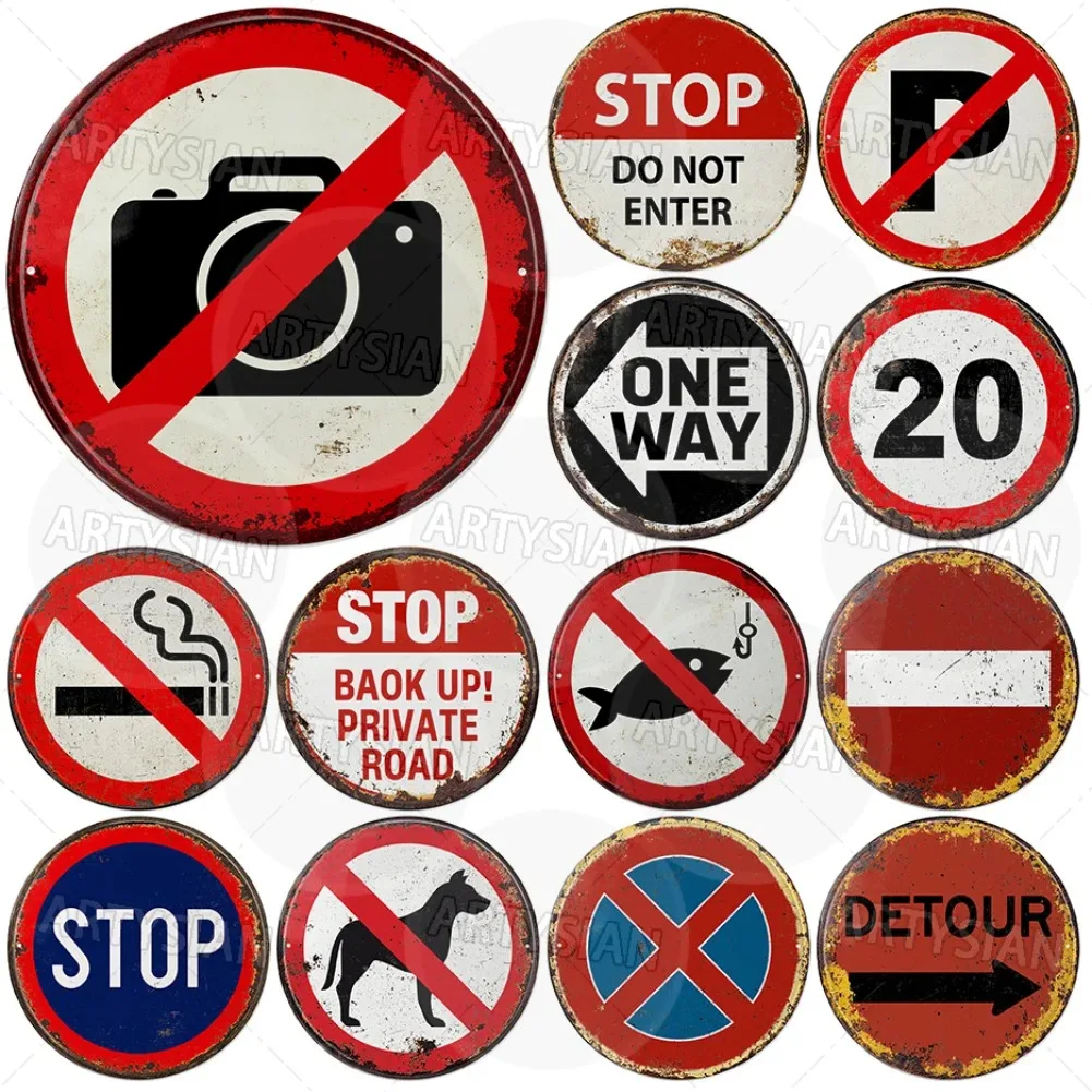 Vintage Retro Traffic Signs Collection HD Print Metal Tin Sign – Featuring 12 Unique Circular Warning & Prohibition Plates (No C