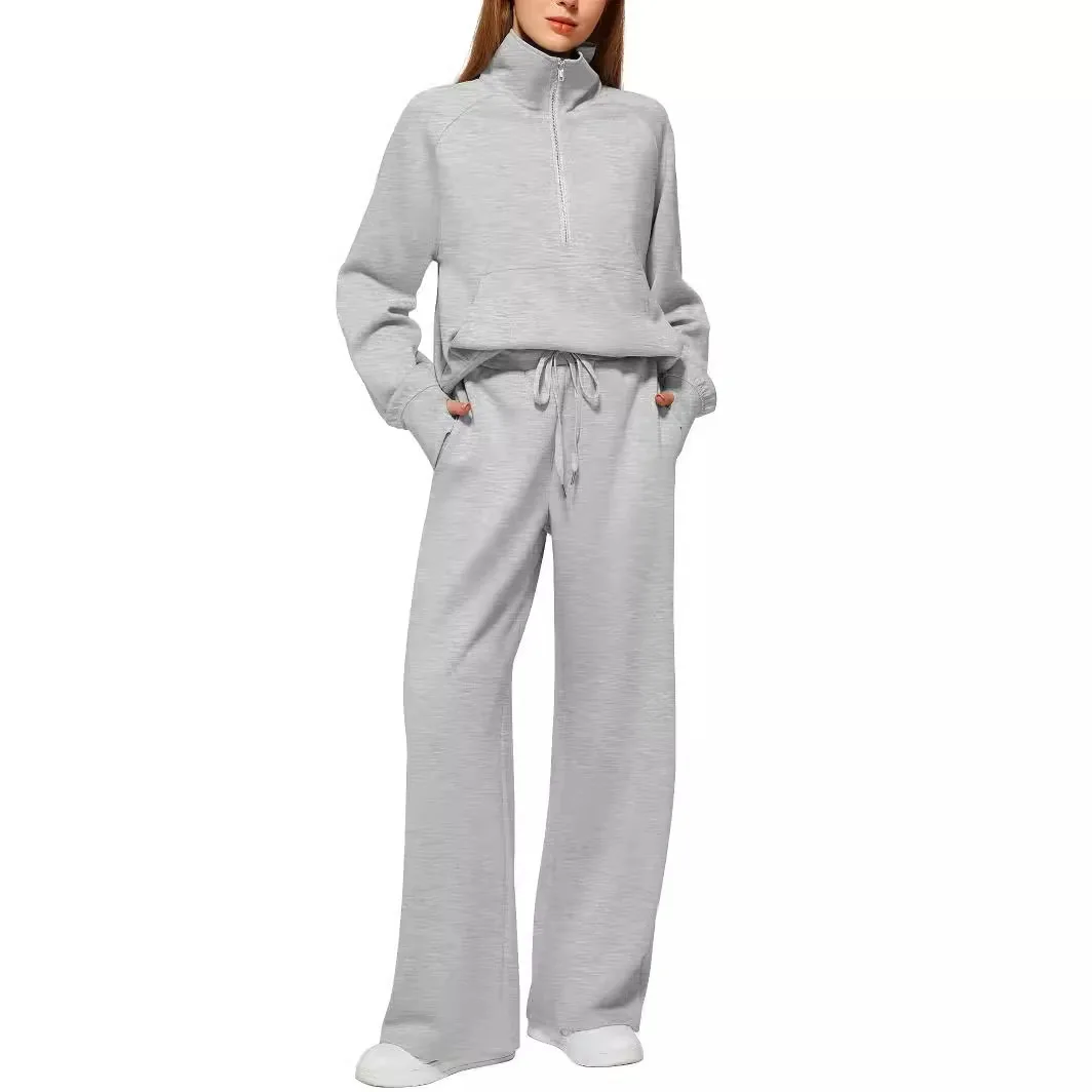 Oversized Half-Zip Sweatshirt Wide Leg Pants Set Women's Casual Sportswear