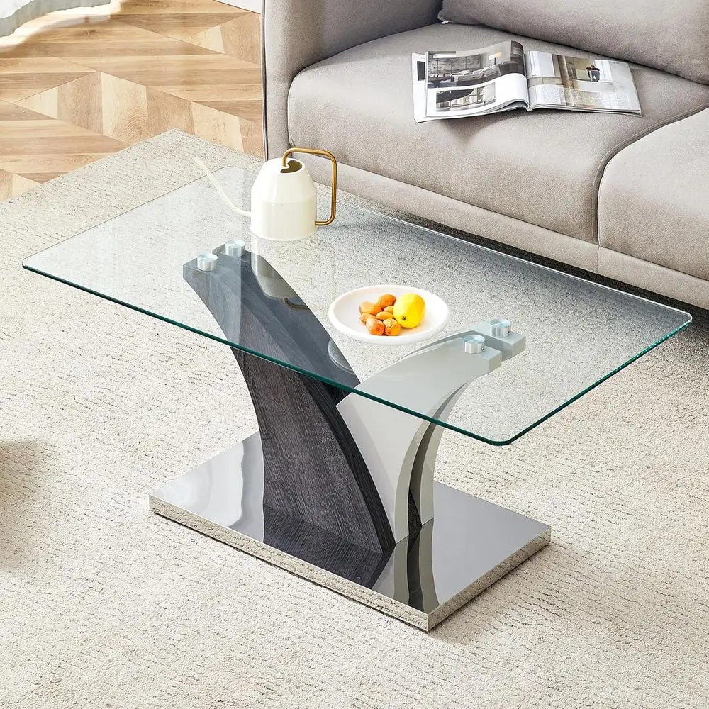 Modern 39 Clear Glass Coffee Table with Durable Silver Frame for Living Room