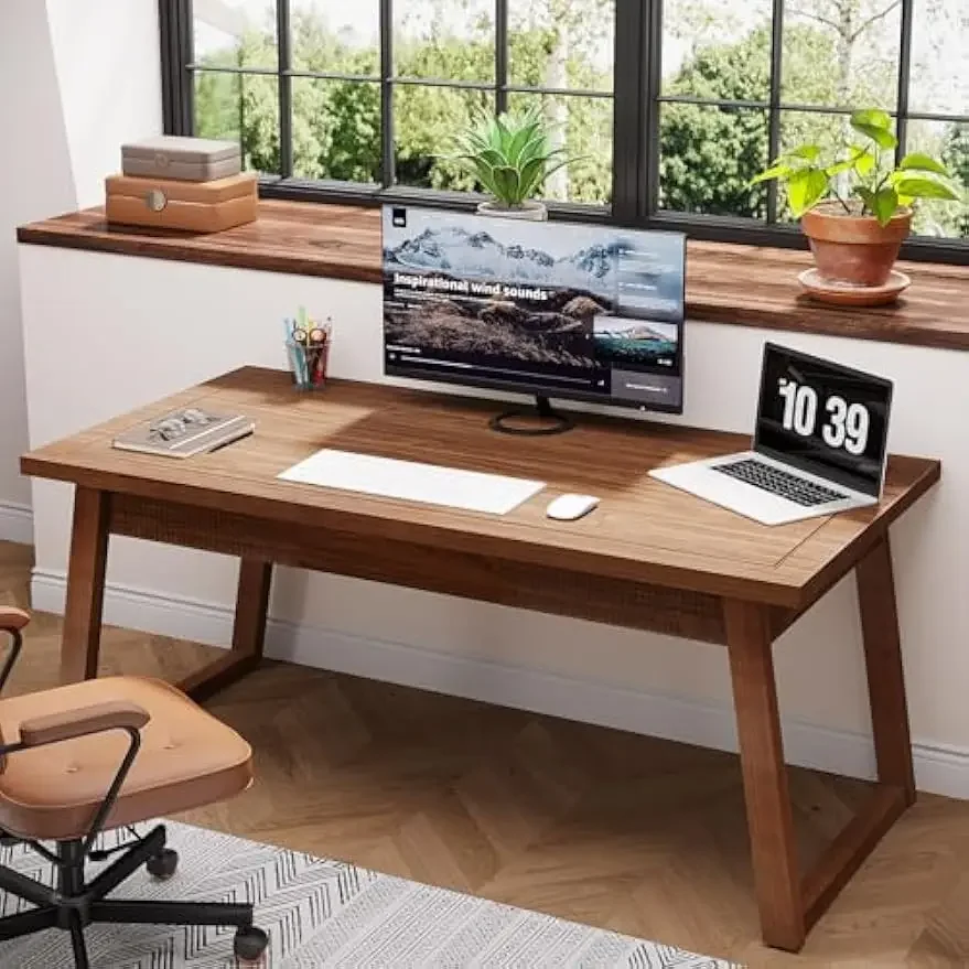 Home Office Executive Desk: 55 Inches Solid Wood Computer Desk with Drawer, Mid-Century Modern Study Writing Table