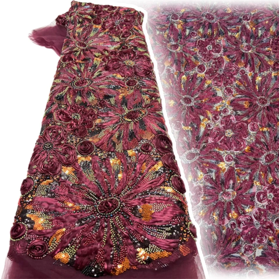 

France Luxury 3D Flower Embroidery Lace Fabric 2026 Africa Nigeria Sequin Beaded Lace Fabric for Bridal Wedding Dress Sewing 725