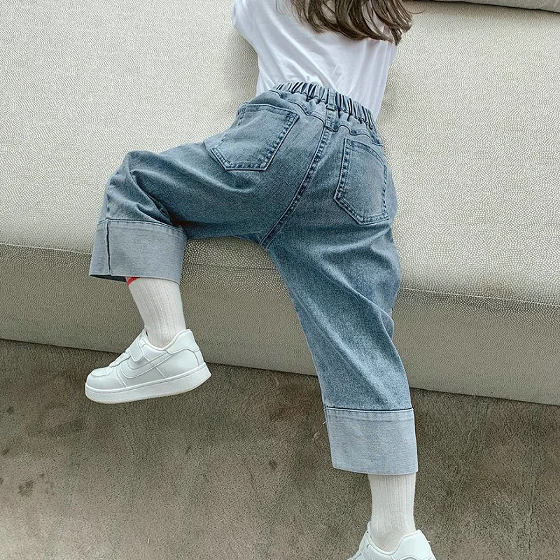 Girls' Pants Turn-Up Loose Jeans Long Pants24Autumn New Fashion Foreign Trade Children's Clothing Wholesale3-8Years Old