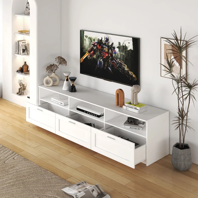 White modern minimalist TV cabinet 80 inch TV stand, open locker Living Room Bedroom