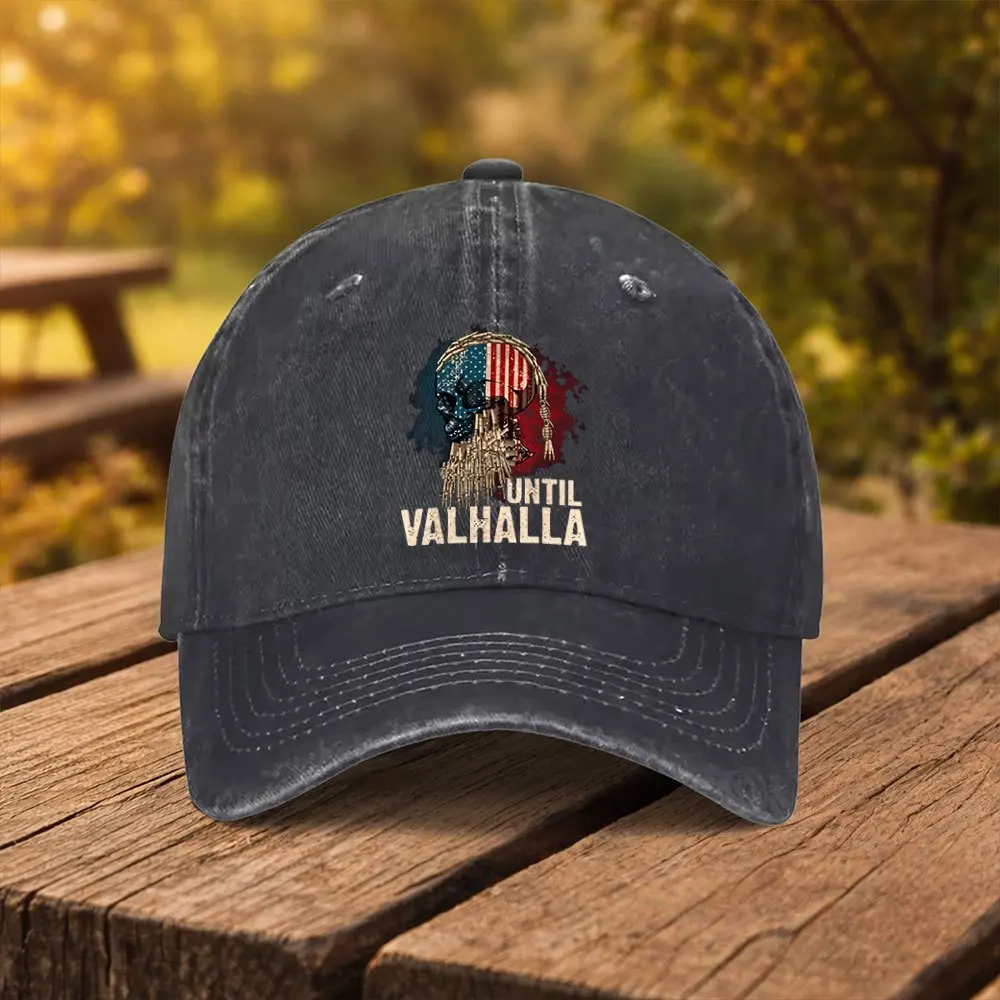 1pc American Flag Skull UNTIL VALHALLA Print Baseball Cap Unisex Fashion Duckbill Hat Suitable for Outdoor Sports Fitness Travel