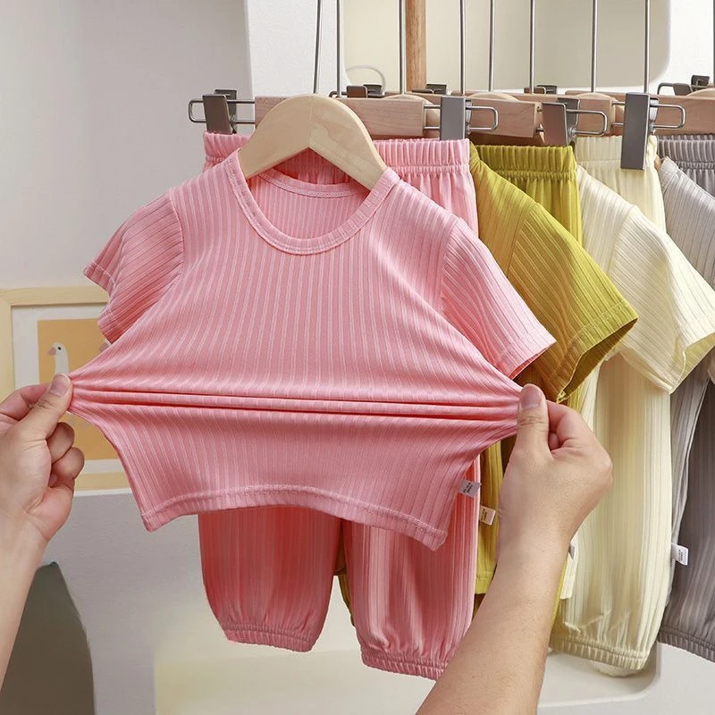 

New Children's Cool Short Sleeved Pants Set Children's T-shirt Summer Children's Thin Clothing Set Neutral Solid Home Clothes