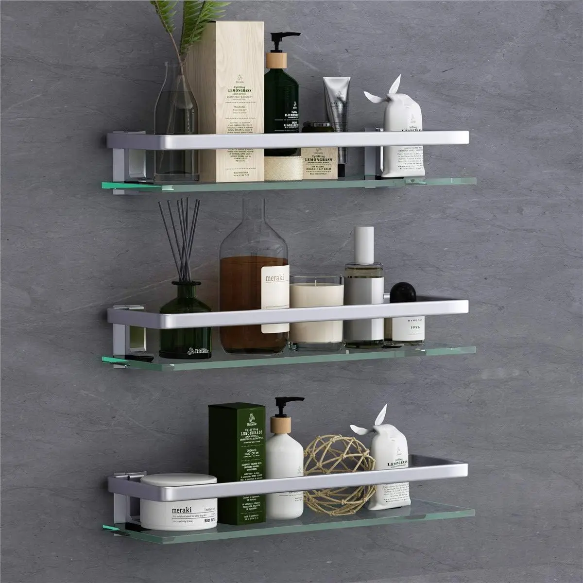 Bathroom Wall Shelf 15.7in Bathroom Glass Shelves Wall Mount Glass Shelf Rustproof Bathroom Wall Organizer 3 Tier (Sliver)