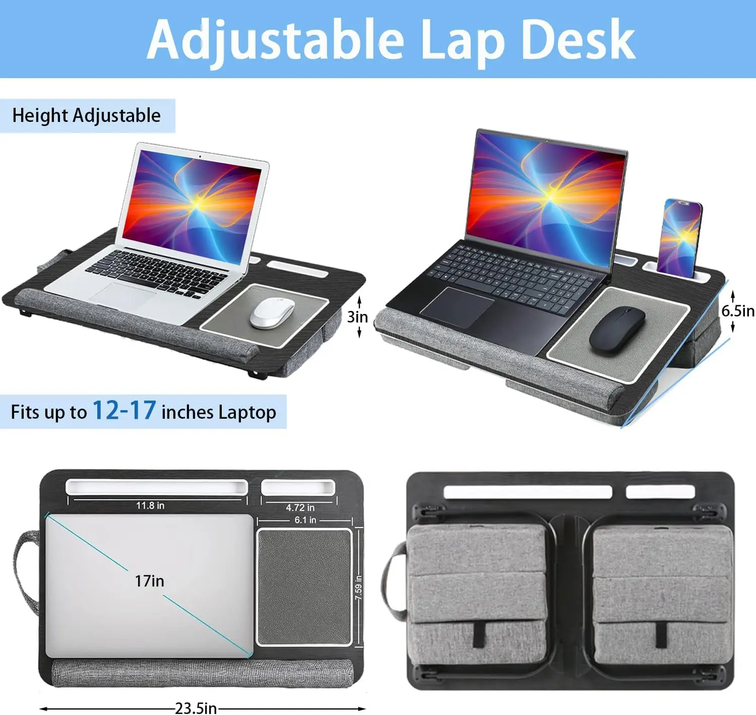 مكتب كمبيوتر محمول قابل للتعديل مع وسادة لـ 17 كمبيوتر محمول، استخدام السرير والأريكة، طاولة مكتب قابلة للطي للبالغين، مريحة وكومبا