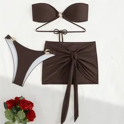 Brown Bandeau Bikinis De Mujer Sexy Swimsuit Cover Ups Women Metal Ring Swimwear 2026 Beach Wear Mini Skirts 3 Bikini Piece Set
