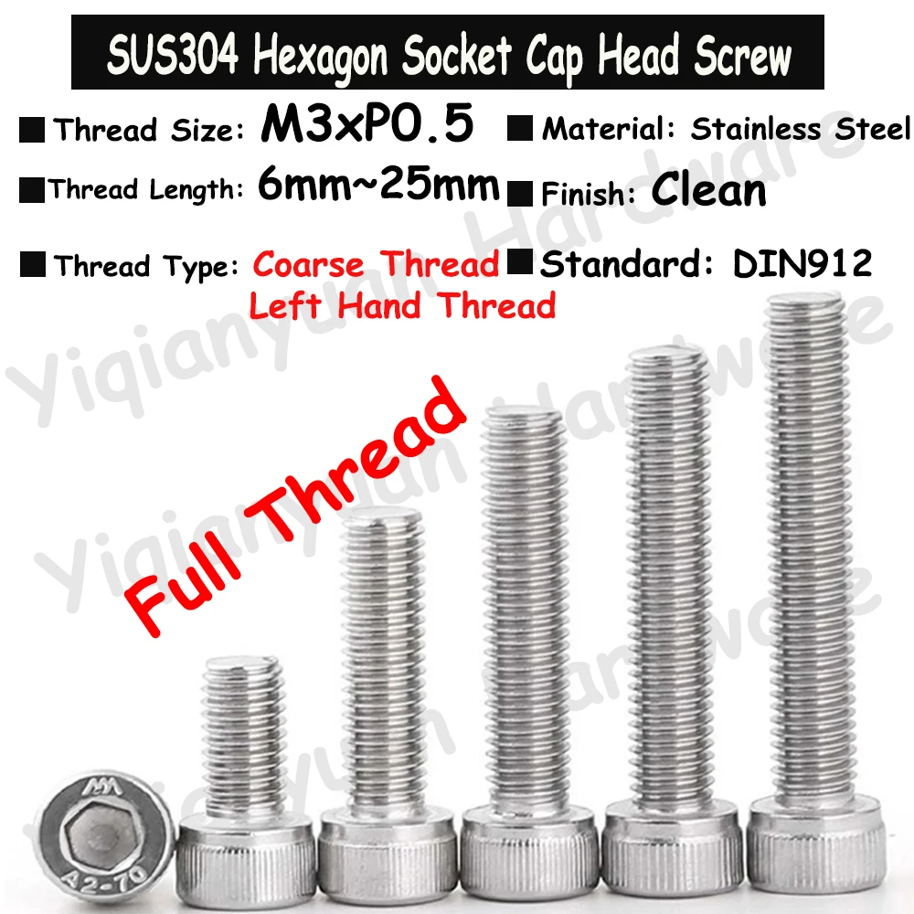 

10Pcs~20Pcs M3xP0.5 DIN912 Left Hand Thread SUS304 Stainless Steel Hexagon Socket Knurled Cap Head Bolts Allen Key Screws