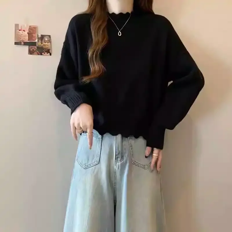 

French lace half turtleneck sweater women's autumn and winter bottoming shirt soft waxy top