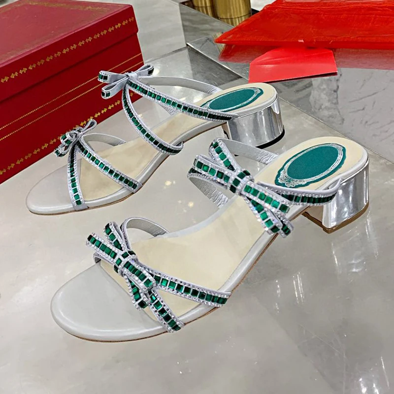 Туфли феи с открытым носком, разноцветные тапочки на квадратном каблуке, женские сандалии с декором из стразов и узлом-бабочкой, летние модельные туфли, туфли-лодочки