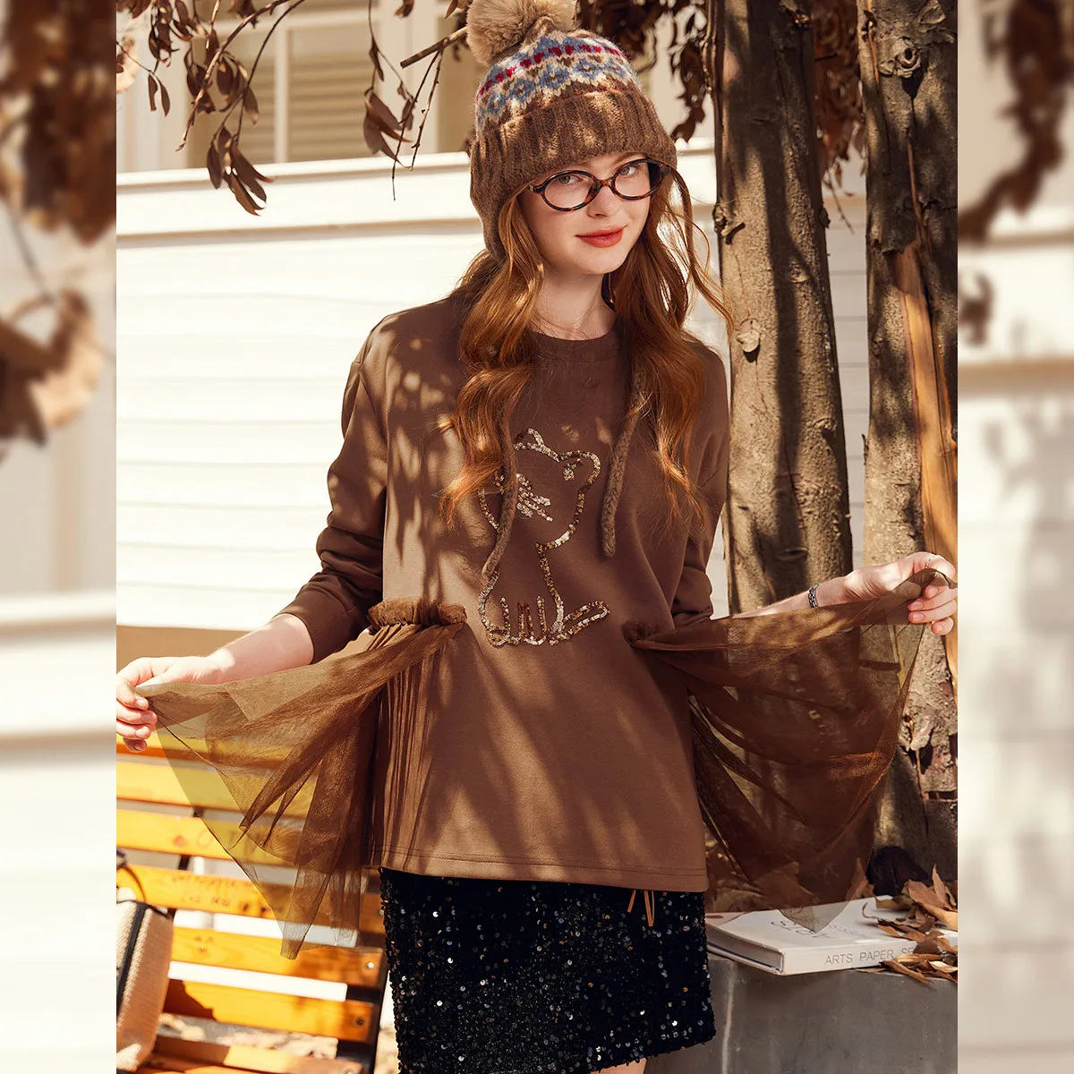 LOUIS YAO Embroidered Sequin Splicing Mesh Women's Sweatshirts 2025 Winter Women's Top Round Neck Sleeves Micro Elastic Hoodie