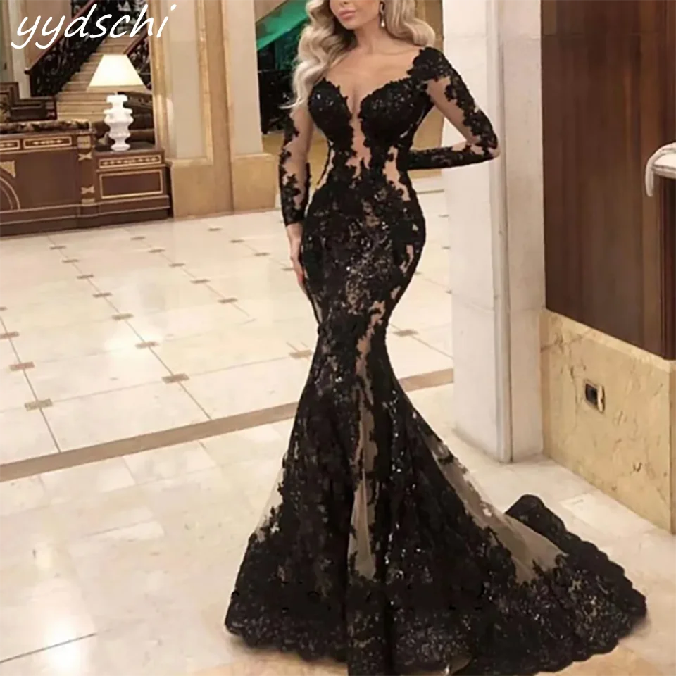 

Charming Black Princess Lace Appliques Evening Wedding Dresses 2024 Long Sleeves With Sweep Train Tulle Bridal Gowns For Women