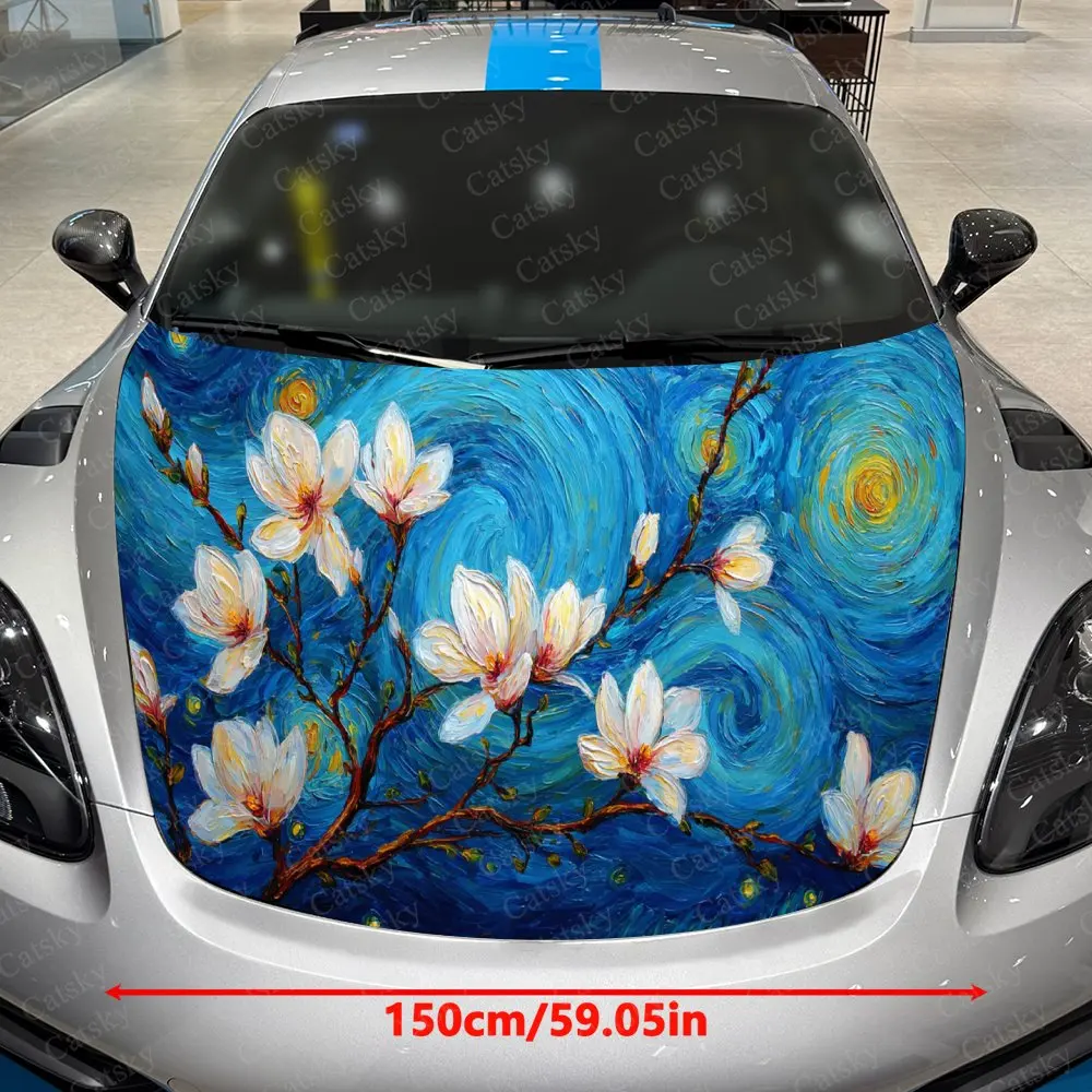 Star Vortex Fantasy Branches & Magnolia Car Vinyl Wrap, PVC Material Waterproof Car Hood Sticker, Self-Adhesive Scratch-Resistan