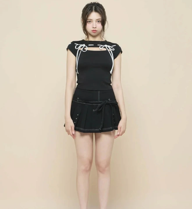 

New Summer Japanese New Black and White Lace-up Hollow Out Short-sleeved T-shirt Short Tee Tops Female Casual Crop Top
