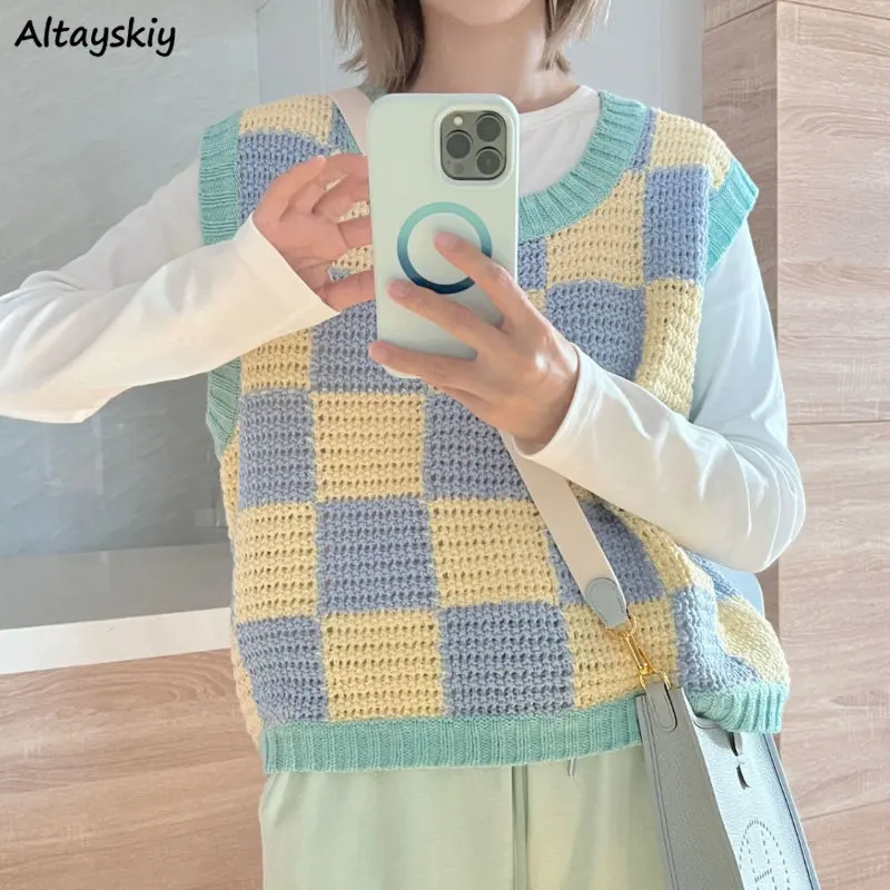 Lovely Sweater Vest Women Plaid Chic Autumn Sleeveless Knitwear Preppy Simple All-match Ins O-neck Stylish Teens Clothing Casual