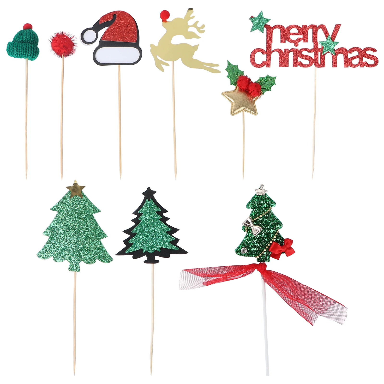 

9pcs Christmas Cake Decoration Santa Hat Claus Xmas Trees Picks Themed Topper Party Cupcake Dessert Personal Cheerful