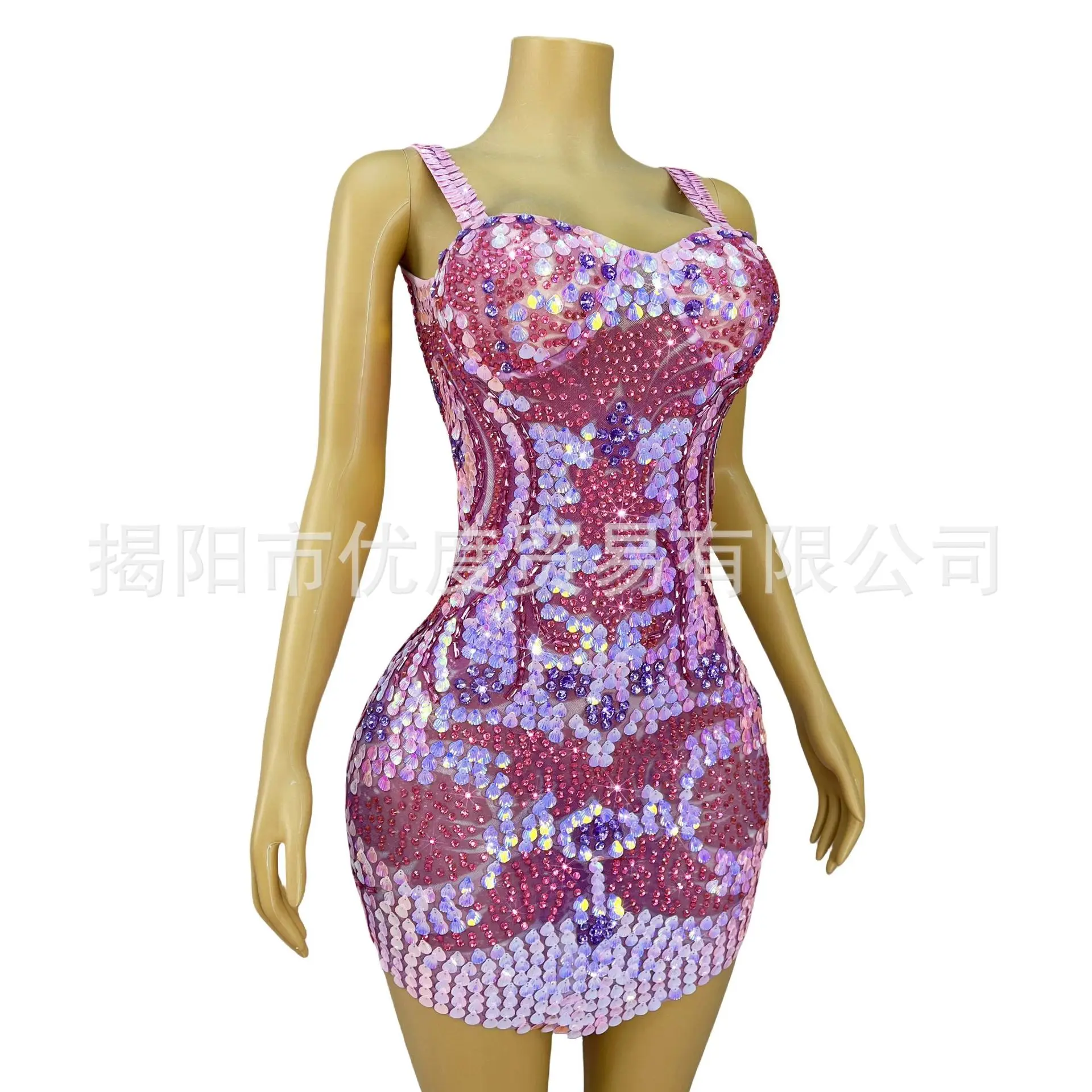 Dream Pink Rhinestone Shell Suspender Glam Mesh Birthday Dress Cocktail Party Dance Night Skirt Colorful Flower Lotus Robe Femme