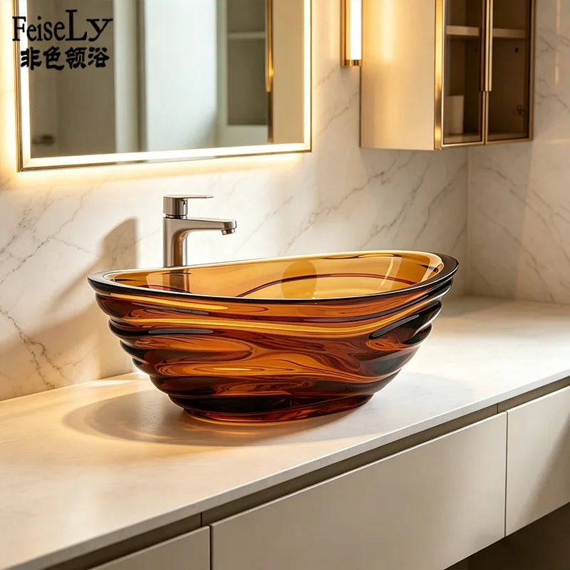 Color transparent resin table wash basin ingot shape single basin bathroom