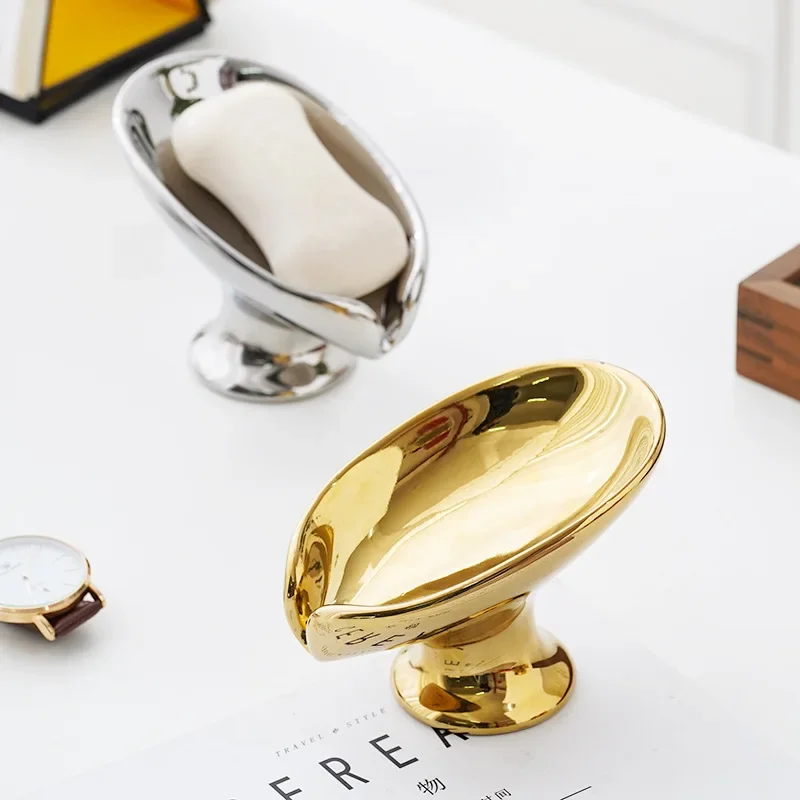 จานสบู่,ผู้ถือสบู่Self Draining Leaf Shape,ท่อระบายน้ําเซรามิคสําหรับอ่างล้างจานห้องน้ําห้องครัว,ทําความสะอาดง่ายช่วยให้แห้ง,GoldและSilver