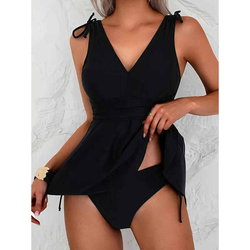 

Women's Deep V One Piece Swimsuit Black 2 Piece Set Sexy High Cut Monokini with Mesh Cover Up Tummy Control Bathing Suit Female