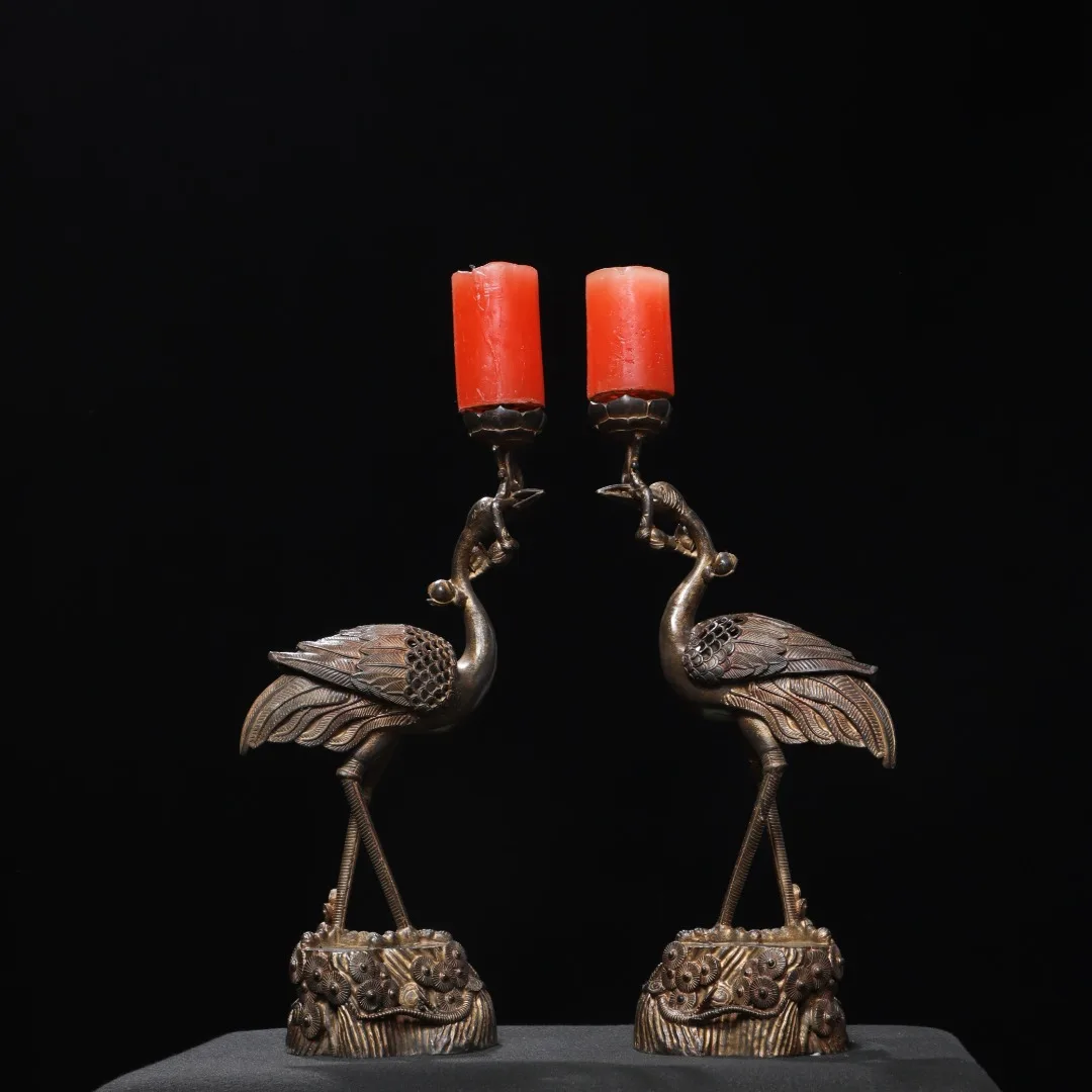 Old Bronze Cinnabar Mud gold Longevity Crane Statue Candlestick Pine and cypress texture base wax table a pair Town house