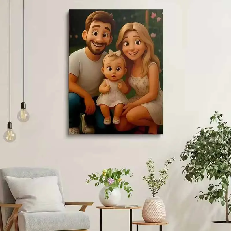 Custom Cartoon Style Canvas Print Wedding Couple Family Pet Personalized Wall Art Poster for Home Decor Perfect Christmas Gift