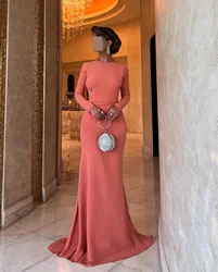 Vestidos elegantes personalizados para madre de la novia, color rosa Coral, cuello joya, manga larga, vestido de invitados de boda, vestidos de noche hasta el suelo