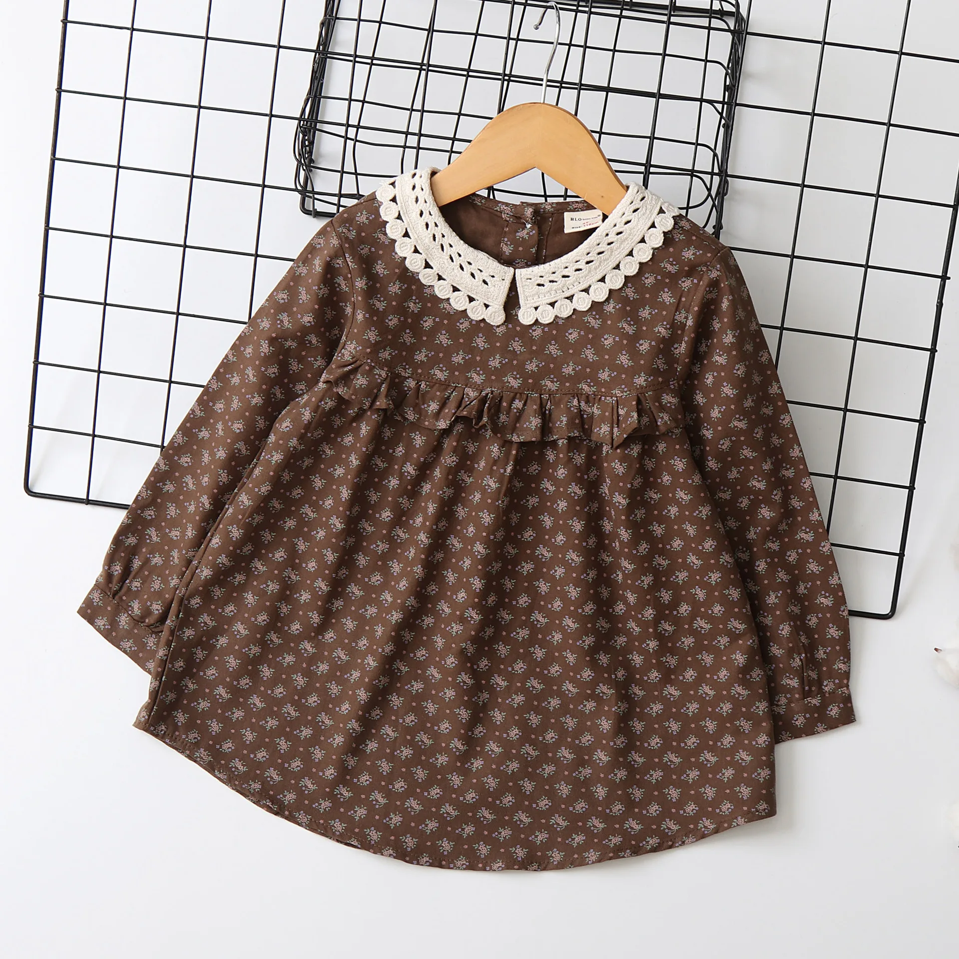 Doll collar polished printed girls shirt long-sleeved children' wear 2024 autumn new kids tops