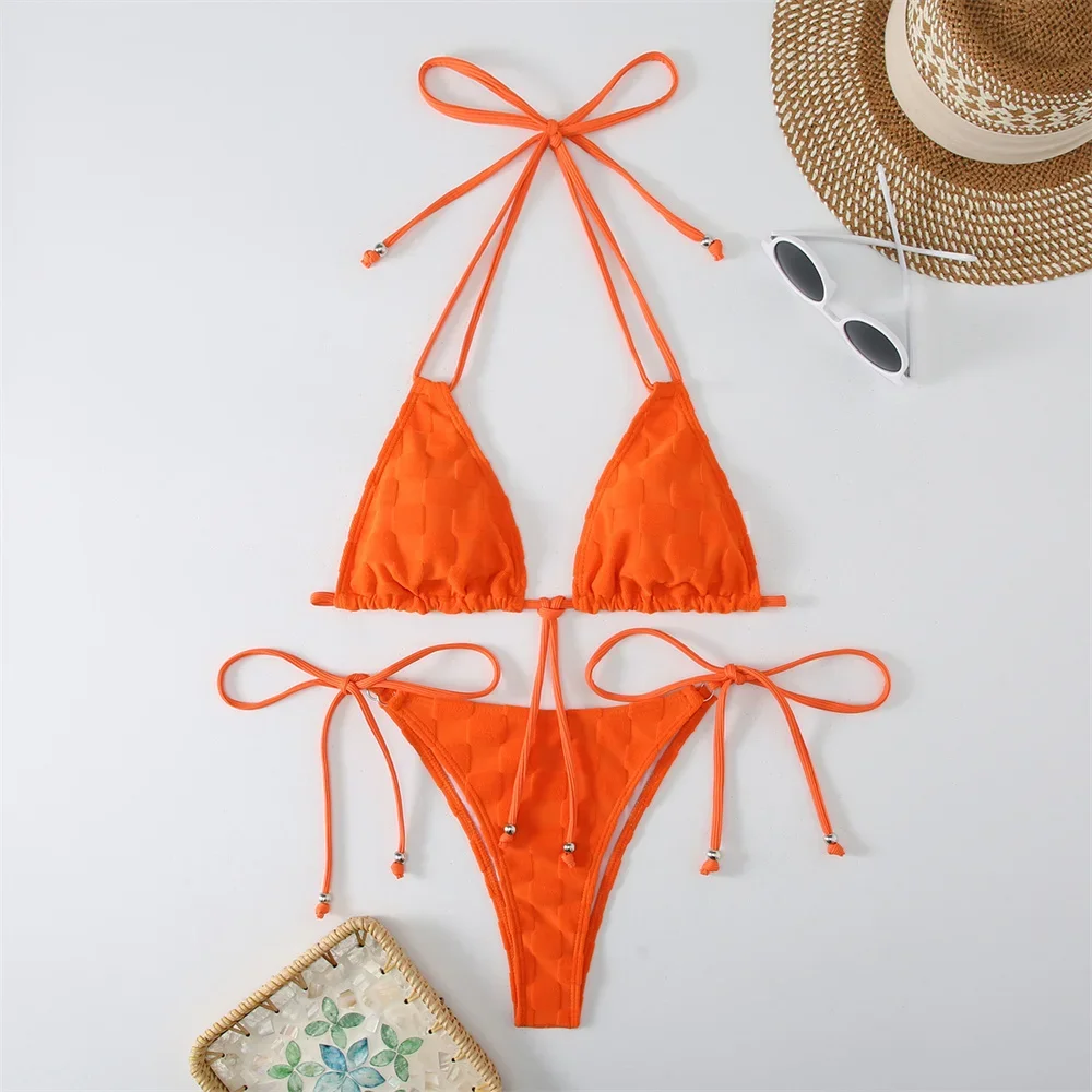 Textured Bikini String Backless Bikinis Set Swimsuit Separate Push Up Micro Thong Y2K Vacation Swimwear Women Beach Bathing Suit